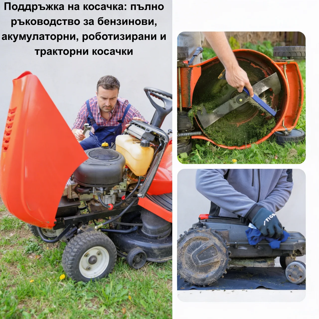 Поддръжка на косачка: пълно ръководство за бензинови, акумулаторни, роботизирани и тракторни косачки